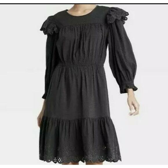 Universal Thread Women's Large Ruffle Long Sleeve Dress Black W/Pockets NWT - Picture 1 of 8